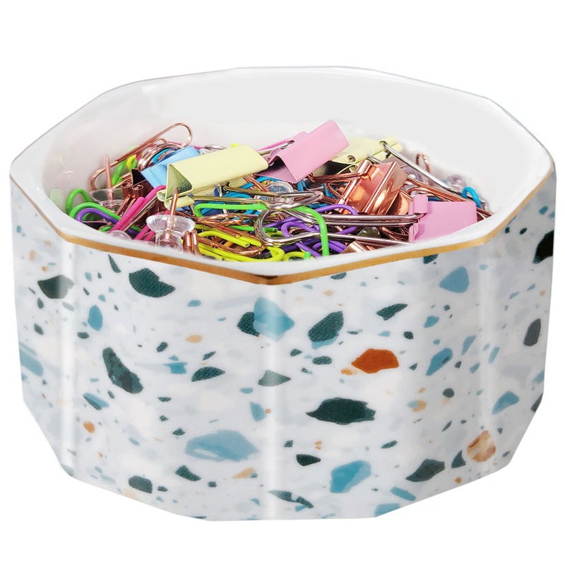 LEAZUL Ceramic Paper Clip Holder Gold Line Paper Clip Dispenser Organizer for Desk Cute Terrazzo Marble Pattern Office Binder Clip Holder Bobby Pin and Hair Clip Holder Gift for Office Blue - Image 1
